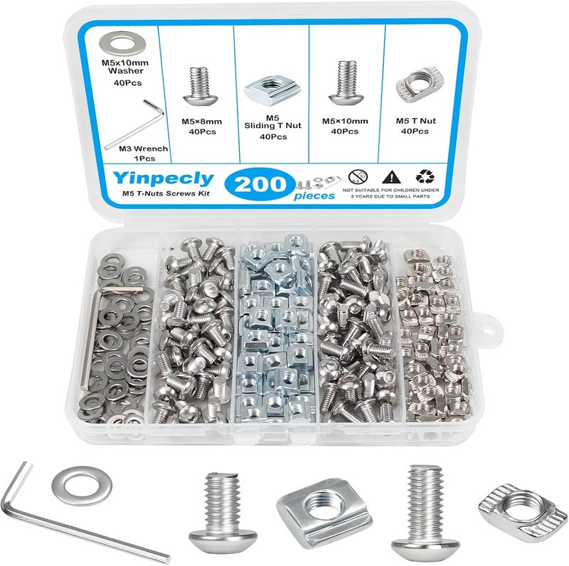 Yinpecly 200Pcs M5 T-Nuts Screws Kit, Hammer Head T Slot Nut for 2020 Series Aluminum Extrusion, M5 Hexagon Socket Screws, T Sliding Nut, Washers, Silver - Image 1